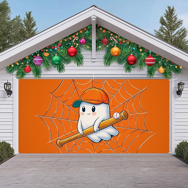Halloween Garage Door Cover Pumpkin Skeleton Feast Spider Web Ghost with Hat Pumpkin Path Large Outdoor Backdrop with Grommets Yard Front Porch Wall Decorations2