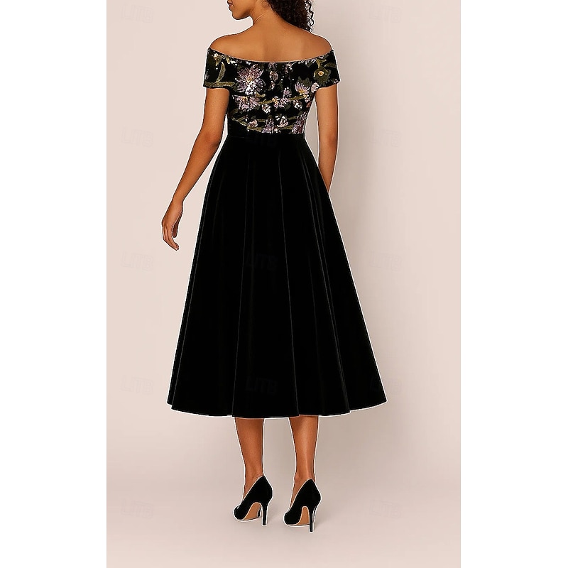 A-Line Floral Sequin Lace Cocktail Dresses Stretch Velvet Elegant Formal Dress Formal Wedding Tea Length Sleeveless Off Shoulder Sequined with Appliques 20253