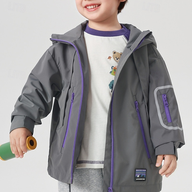 Kids Boys' Hiking Jacket Outdoor Jacket Outerwear Solid Color Long Sleeve Zipper Pocket Comfort Waterproof Windproof Coat Outdoor Fashion Daily Grey Spring Fall 4 years+