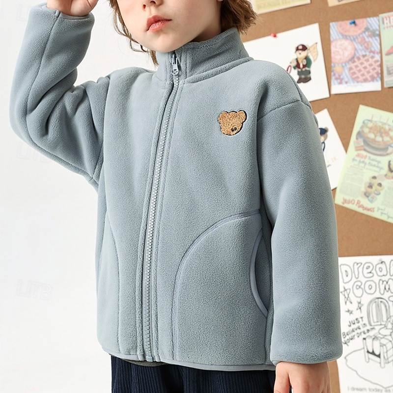 Kids Boys' Fleece Jacket Outdoor Jacket Coat Outerwear Solid Color Long Sleeve Zipper Pocket Comfort Keep Warm Soft Coat Outdoor Fashion Daily Red Green Khaki Spring Fall 4 years+3