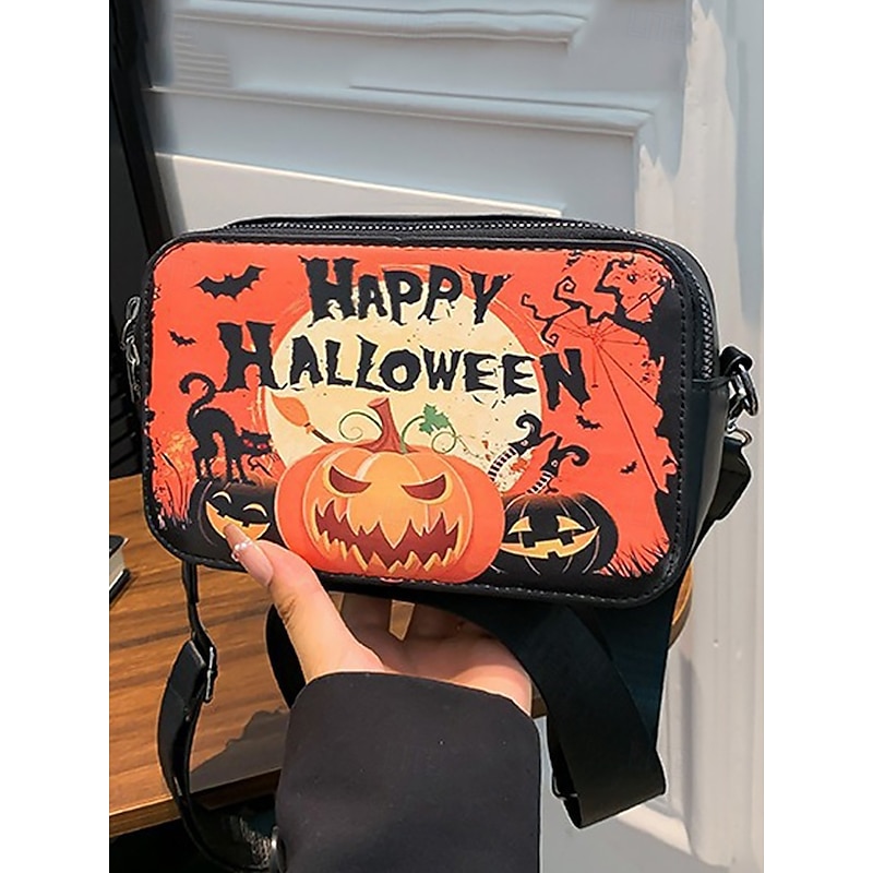 Women's Halloween Crossbody Shoulder Bag – Faux Leather Pumpkin, Skull and Bat Print Purse for Party, Cosplay and Everyday Wear