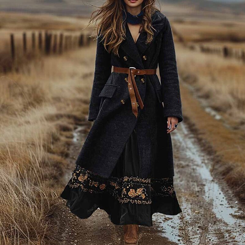 Women's Coat Pea Coat Warm Comfortable Pocket Buttons Boho Vintage Plain Vacation Street Going out Weekend Long Turndown Regular Fit Long Sleeve Outerwear Black Pink Wine Fall Winter3