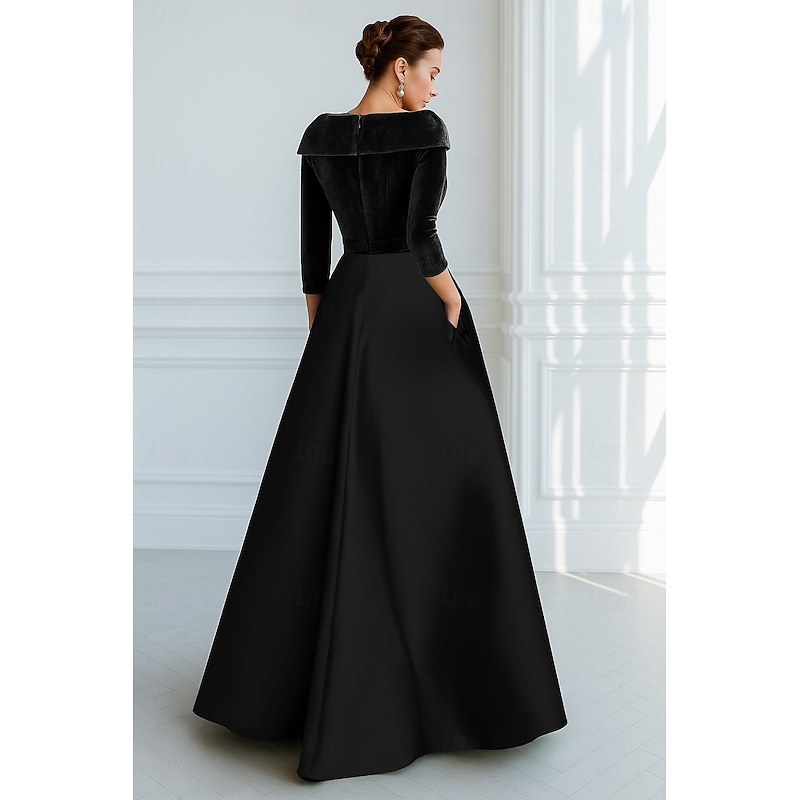 Blue Green Black Embroidered A-Line Velvet Evening Gown Elegant Dress Formal Wedding Floor Length Half Sleeve Shirt Collar Satin with Slit Appliques 20253