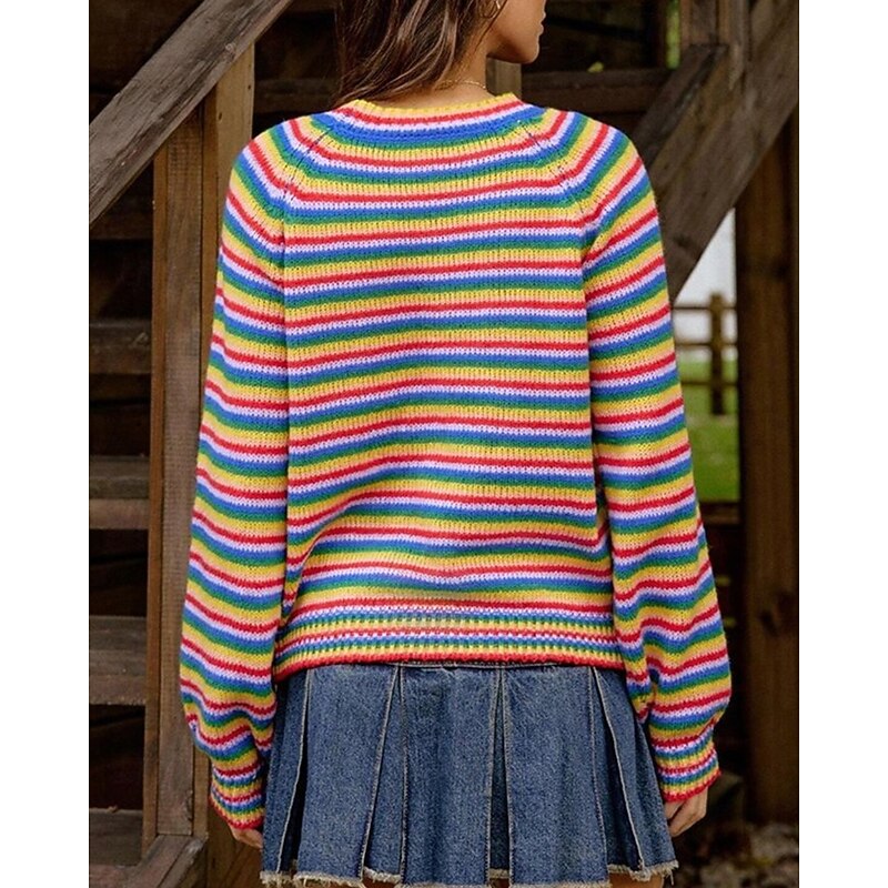 Women's Sweater Fair Isle Sweater Pullover Fashion Casual Striped Ribbed Crew Neck Knitted Long Sleeve Regular Tops Knit Outdoor Daily Weekend Blue Fall Winter2