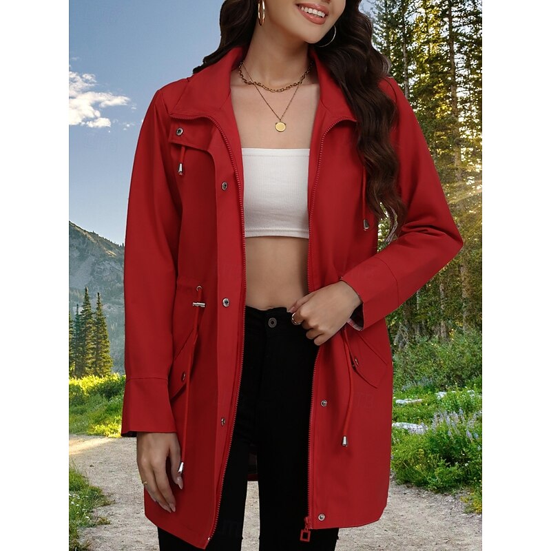 Women's Casual Jacket Comfortable Breathable Pocket Casual Plain Vacation Street Casual Daily Wear Zipper Long Turndown Regular Fit Long Sleeve Outerwear Red Navy Blue Army Green Spring Fall