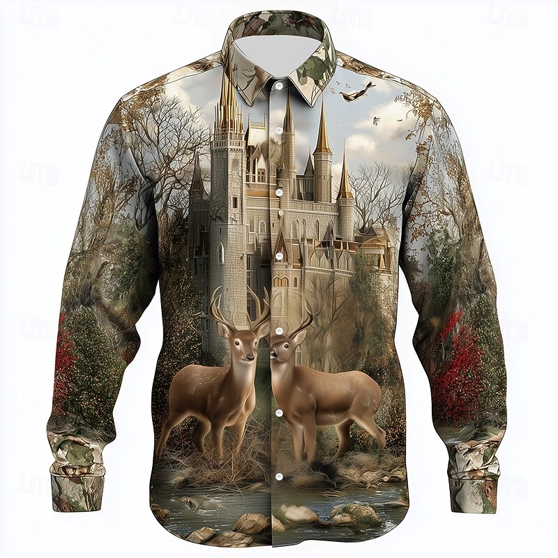 Men's Reindeer Castle Hunting Shirt Button Up Shirt Long Sleeve Vintage Retro Outdoor Camping & Hiking Hunting Spring Fall Turndown 3D Print Collared Shirts Blue 1# Blue2