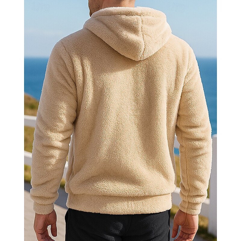 Men's Zip Up Sweatshirt Winter Coat Polar Fleece Jacket with Pockets Long Sleeve Top Athleisure Fall Solid Colored Windproof Warm Outdoor Travel Vacation Sportswear Activewear Black Khaki Dark Blue2