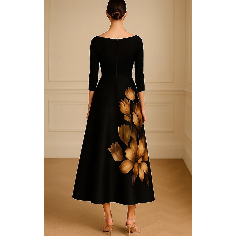Black Floral Print Mother of the Bride A-Line Cocktail Dresses Stretch Crepe Elegant Formal Dress Formal Wedding Tea Length 3/4 Length Sleeve V Neck Satin2