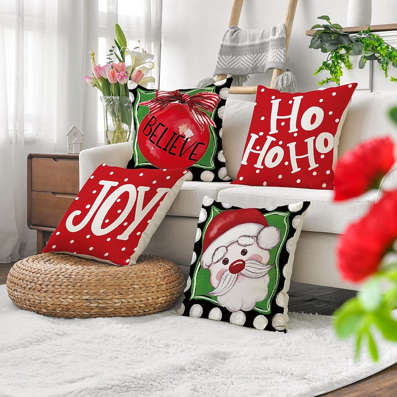 2026 New Cute Christmas Pillow Covers, Linen Santa Print Decorative Cushions, Cartoon Holiday Throw Pillows for Sofa & Living Room3