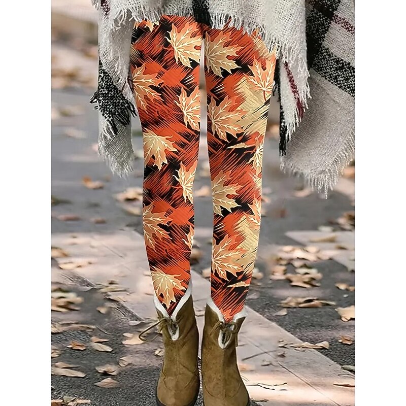 Women's Leggings Vacation Vintage Fashion Full Length High Waist Floral Graphic Leaf Printing Thermal Warm Soft Breathable Stretchy Vacation Street Black Orange Brown Spring Fall Winter Slim Fit