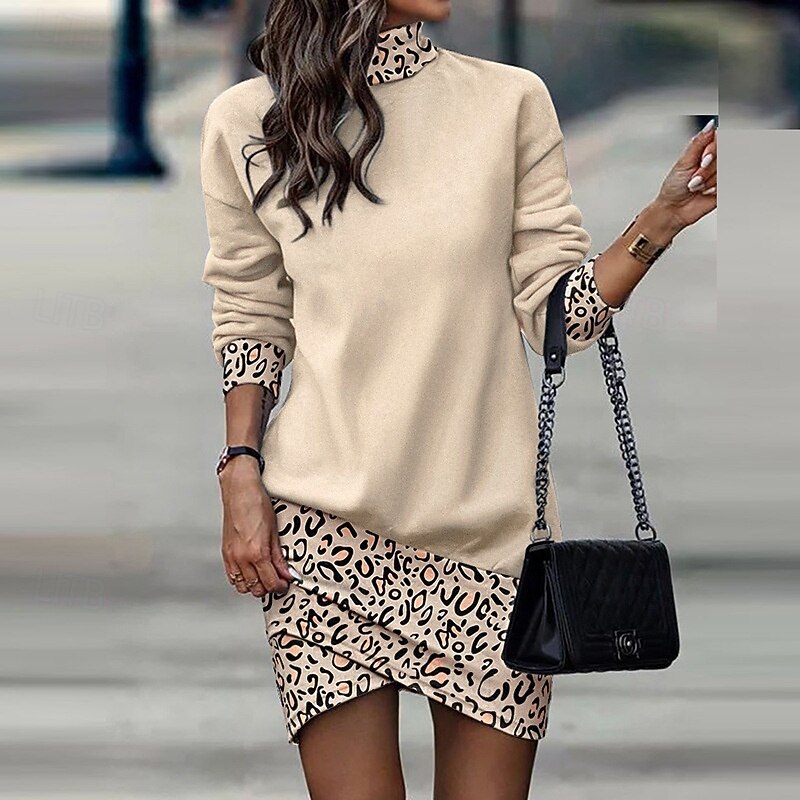 Women's Mini Dress Hoodie Dress Elegant Fashion Modern Vacation Daily Going out Regular Fit Leopard Skull Striped Long Sleeve Turtleneck Black And White Leopard Black Brown Fall Winter2