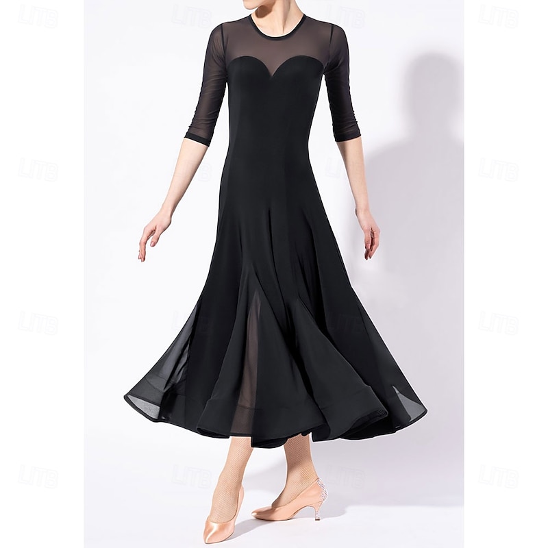 Women's Black Ballroom Dance Dress with Sheer , Flared Skirt, and Heart-Shaped Bodice - Ideal for Latin, Salsa, and Social Dance Performances