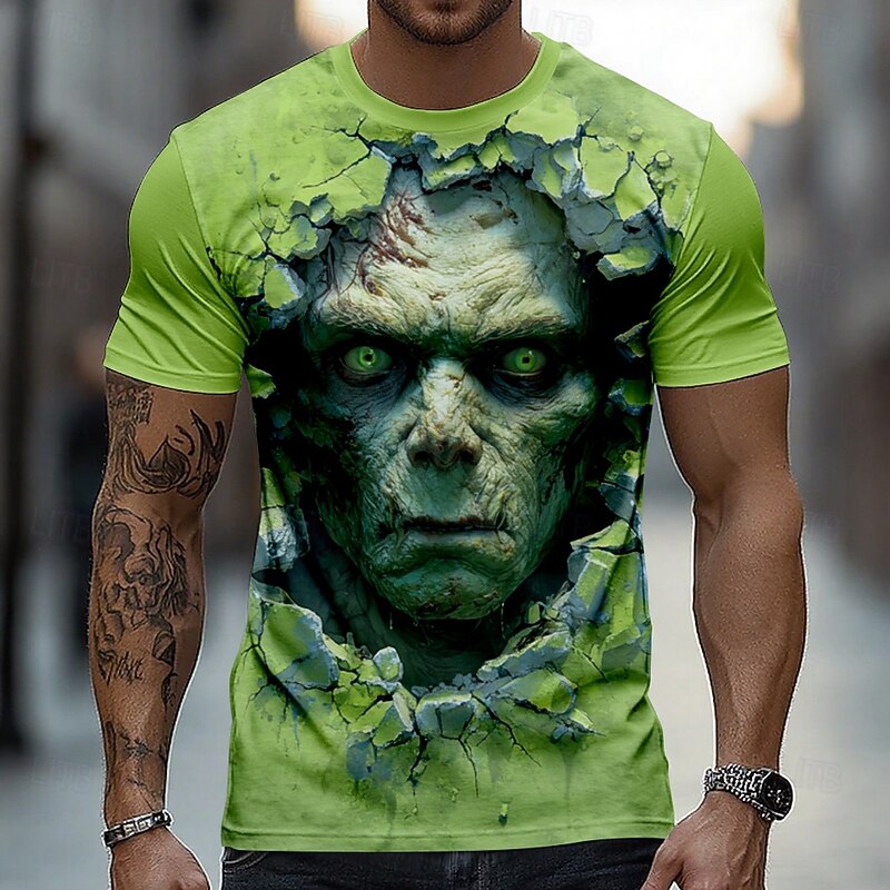 Halloween Men's Optical Illusion Zombies 3D T Shirt Short Sleeve T shirt 3D Print Crew Neck Shirt Exaggerated Designer Horror Party Street Holiday Green 1# Green 2# Blue Summer Spring All Seasons