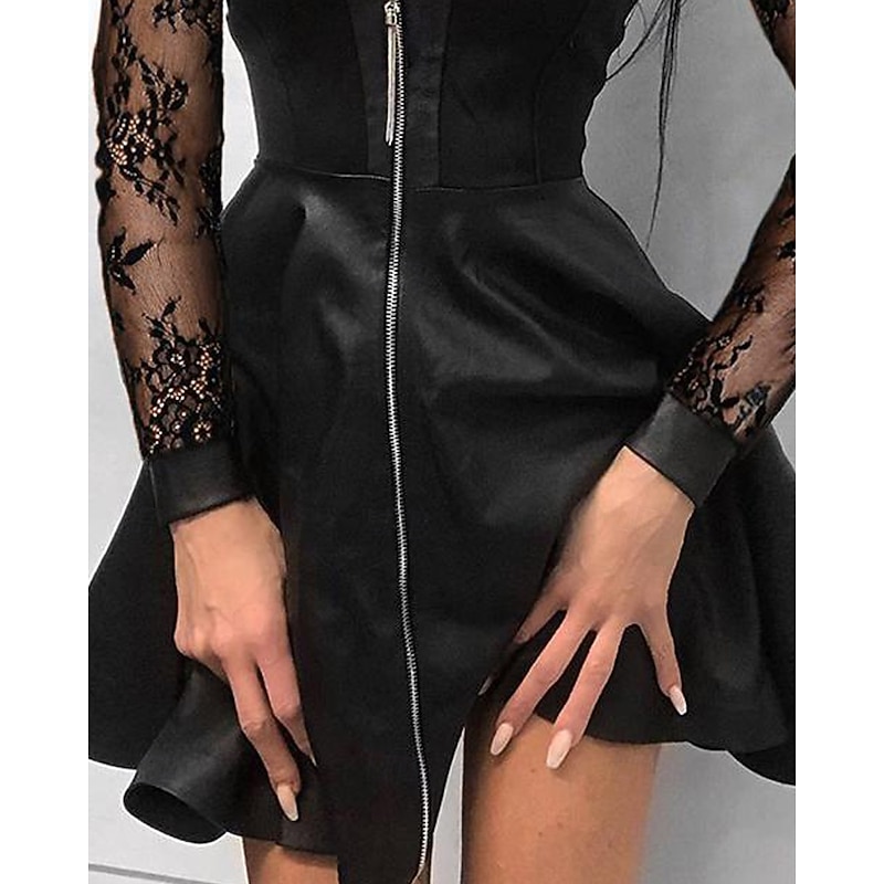 Women's Mini Dress Black Dress Lace Dress Leather Dress Fashion Modern Holiday Going out Club Regular Fit Plain Long Sleeve Stand Collar Black Spring Fall2