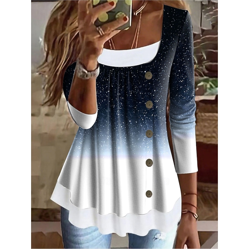 Women's T Shirt Ombre Graphic Vintage Stylish Classic Long Sleeve Square Neck Long Tops Daily Weekend Patchwork Buttons Print Red Blue Purple Green Spring Fall Winter3