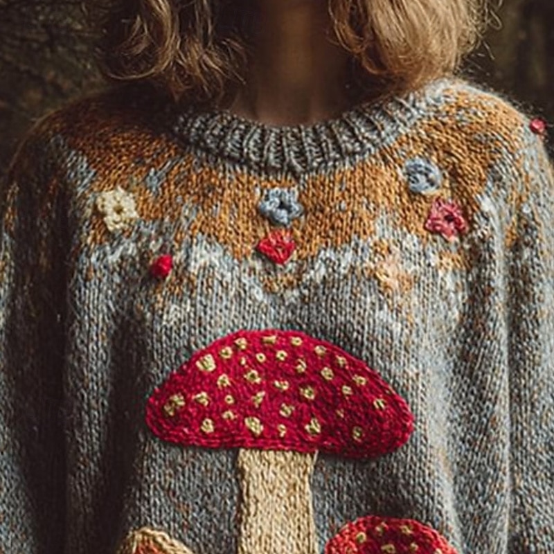 Women's Sweater Vintage Sweater Daily Casual Graphic Ribbed Crew Neck Knitted Print Long Sleeve Regular Tops Knit Outdoor Weekend Gray Fall Winter2