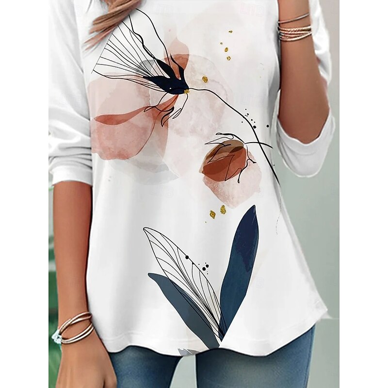 Women's T Shirt Floral Graphic Abstract Vintage Stylish Classic Long Sleeve Crew Neck Round Neck Regular Tops Daily Print White Pink Spring Fall Winter3