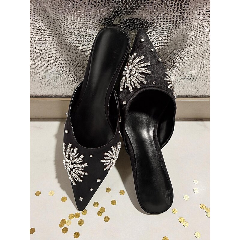 Women's Black Satin Pointed Toe Mules with Rhinestone Firework Embellishment - Elegant Cocktail Party and Formal Occasion Shoes3