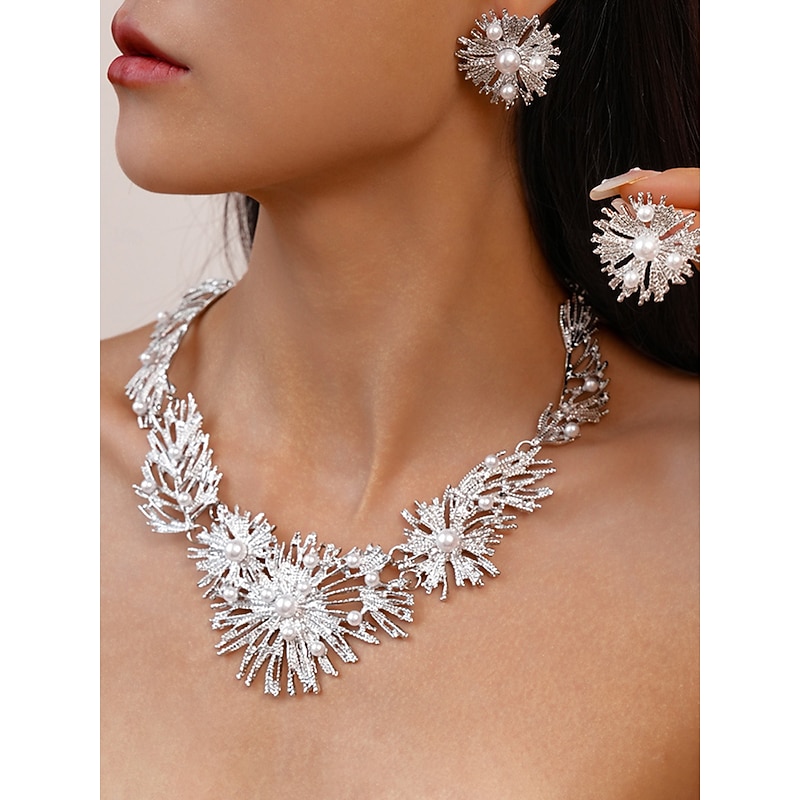 Women's Silver Pearl Statement Necklace and Earrings - Sparkling Party Jewelry for Evening, Cocktail and Special Occasions