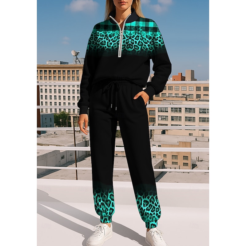 Women's Sweatshirt Tracksuit Sweatsuit Drawstring Zipper Leopard Jacket and Sweatpants Athletic Clothing Set Spring Green Casual Workout Outdoor Soft Baggy Long Sleeve Sport Activewear Micro-elastic