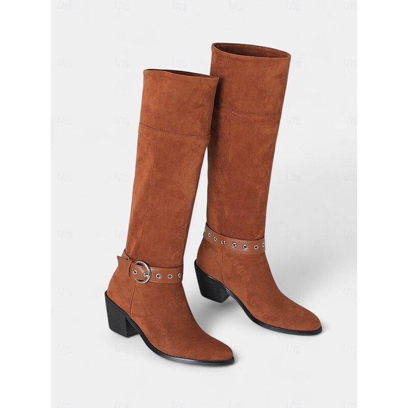 Women's Brown Fold-Over Slouch Boots with Mid Block Heels - 2-Way Convertible Shaft Faux Suede Western Style Boots for Daily Streetwear and Fall Outfits4