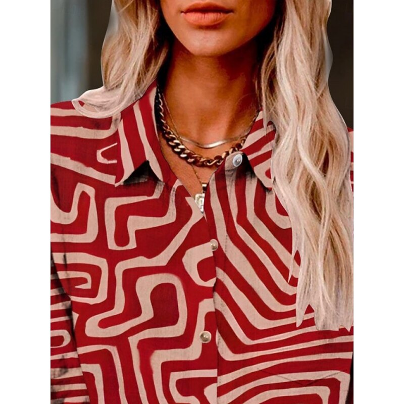 Women's Shirt Geometric Active Daily Stylish Long Sleeve Shirt Collar Regular Tops Daily Holiday Buttons Print Red Summer Spring Fall2