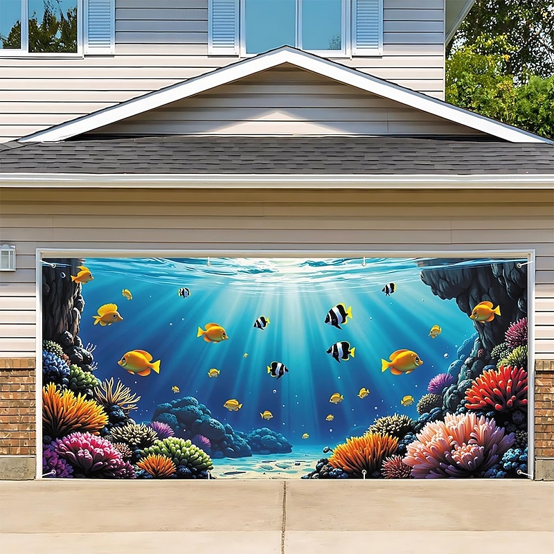 Tapestry Garage Door Cover Large Hanging Backdrop Sea Turtle Sharks Ocean Tropical Colorful 3D Party Outdoor Shooting Backgrounds Front Door Home Decor4