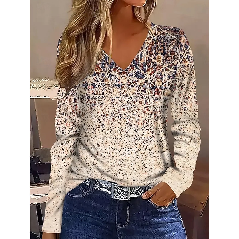 Women's T Shirt Graphic Gradient Tribal Vintage Stylish Classic Long Sleeve V Neck Regular Tops Daily Print Khaki Spring Fall Winter