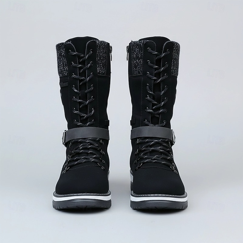 Women's Winter Lace-Up Snow Boots with Knit Cuff – Warm Waterproof Outdoor Combat Boots with Side Zipper and Anti-Slip Sole for Cold Weather and Hiking2