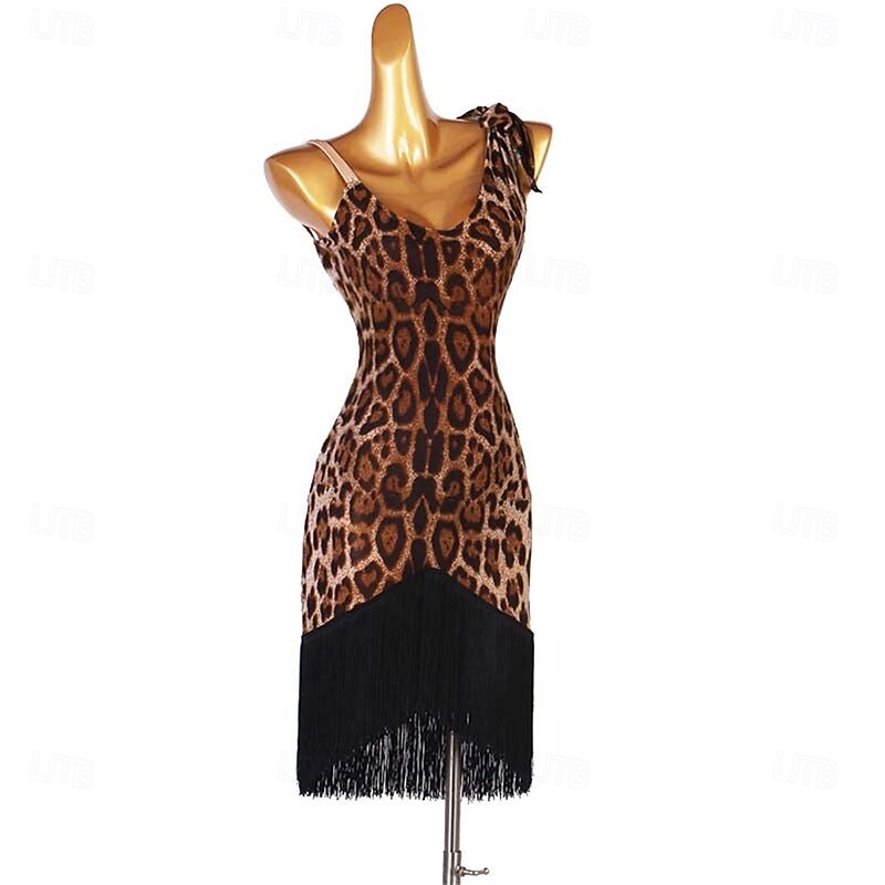 Women's Leopard Print Latin Dance Dress with Fringe Hem, Adjustable Strap, and Sexy Tie-Shoulder Detail – Perfect for Salsa, Rumba, and Performance Wear