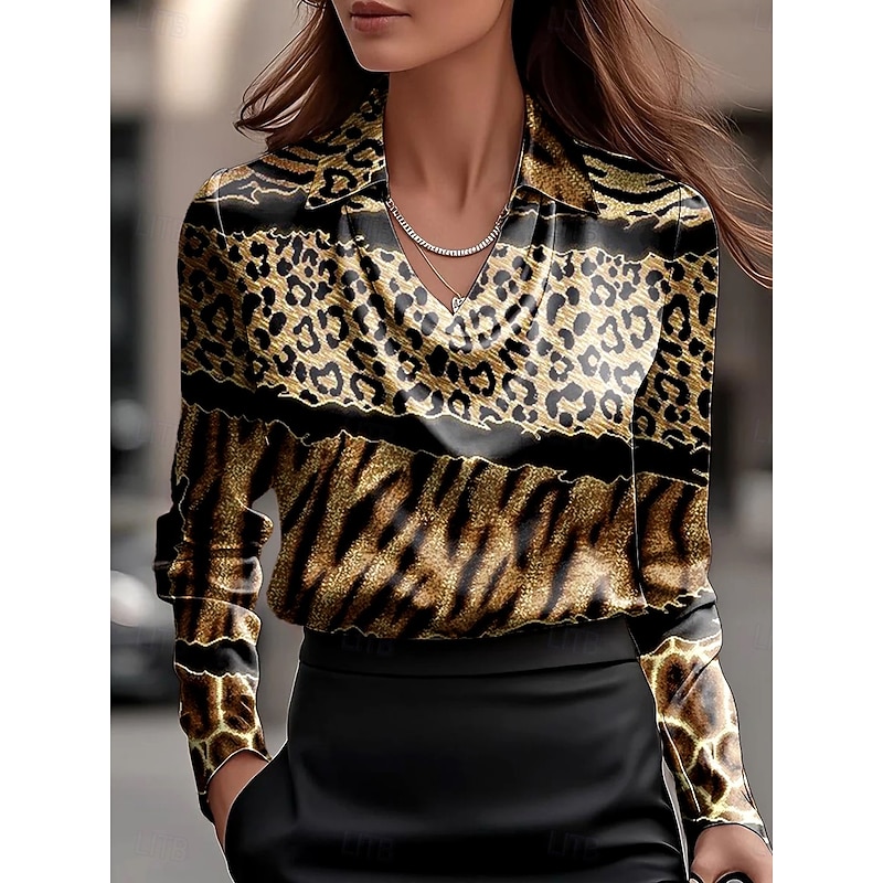 Women's Shirt Graphic Leopard Geometric Elegant Stylish Casual Long Sleeve Cowl Neck V Neck Regular Tops Work Party Evening Wear Daily Ruched Draped Black Light Brown Brown Fall Winter2