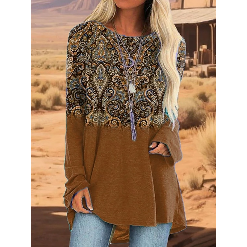 Women's T Shirt Graphic Tribal Vintage Stylish Casual Long Sleeve Crew Neck Long Tops Daily Going out Weekend Print Blue Purple Green Khaki Spring Fall2