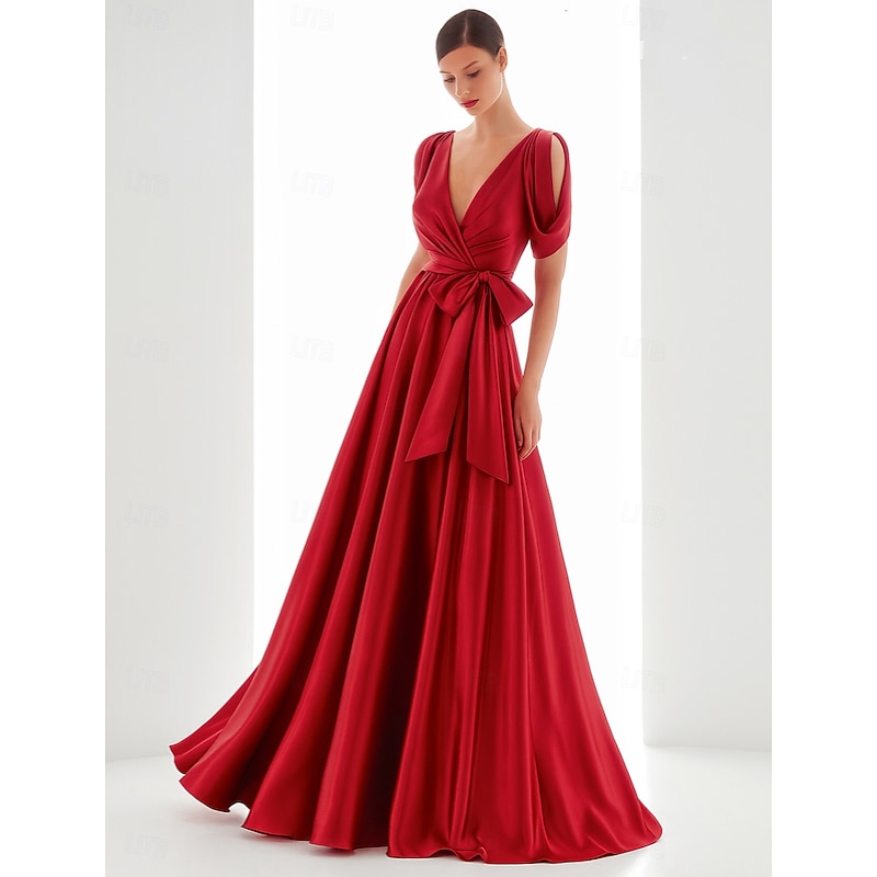 Red Black A-Line Evening Gown Elegant Formal Dress Formal Wedding Floor Length Long Sleeve V Neck Satin with Bow(s) Pleats 2025
