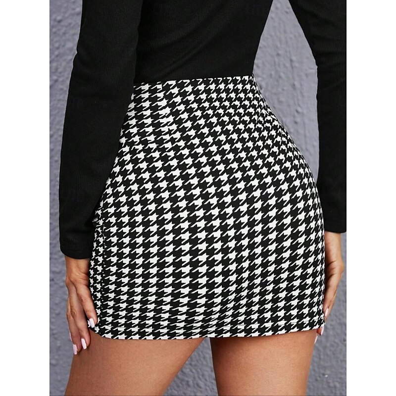 Women's Skirt Bodycon Fashion Casual Mini High Waist Skirts Houndstooth Print Micro-elastic Street Daily Black Spring Polyester2