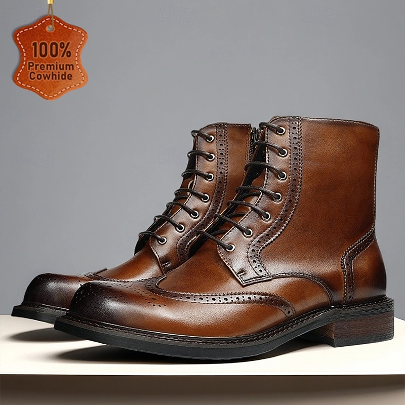 Men's Brown Brogue Lace-Up Ankle Boots Classic Wingtip Design Rugged Outdoor Work Boots for Business Casual, Travel and Daily Wear