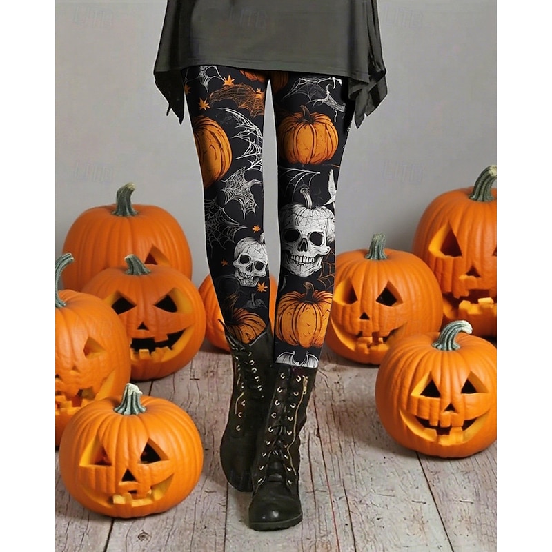 Women's Leggings Cozy Leggings Vacation Vintage Ethnic Style Full Length High WaistPantsHalloween Skull Pumpkin Printing Thermal Warm Comfortable Stretchy Vacation Casual Daily Black Fall Winter Slim