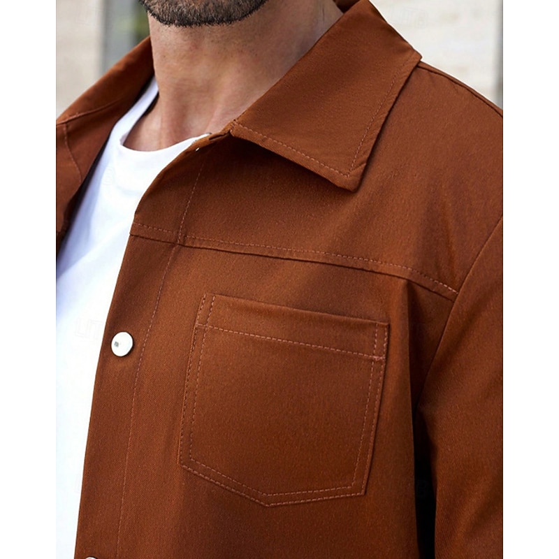Men's Lightweight Jacket Shirt Jacket Casual Jacket Vacation Daily Breathable Buttons Spring Fall Plain Fashion Classic Lapel Regular Brown Jacket4