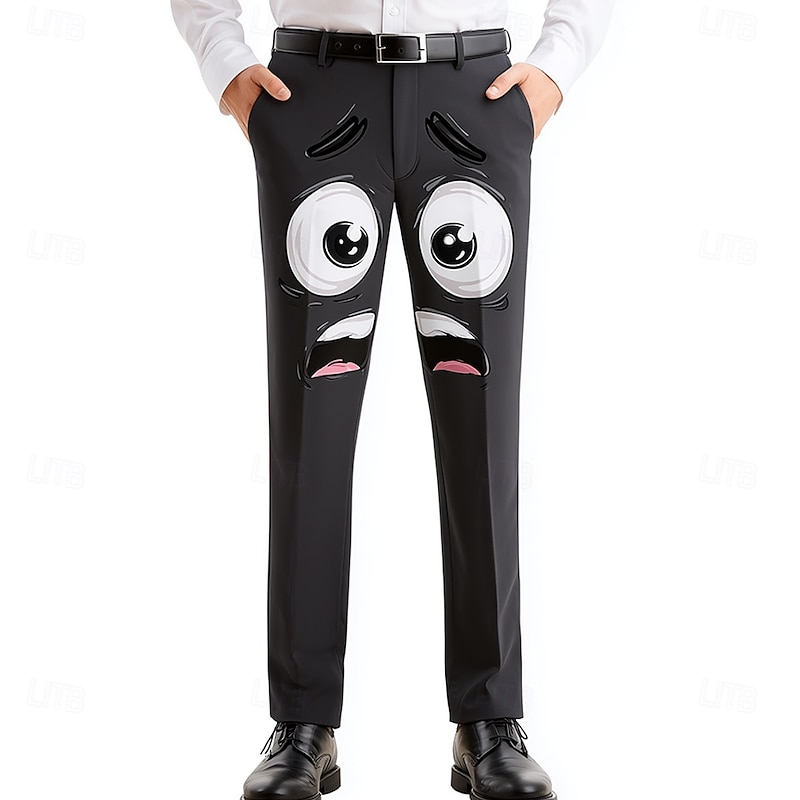 Men's 3D Cartoon Funny Face Printed Golf Pants Trousers Dress Pants Mid Waist Funny Outdoor Holiday Slim Fit Pants with Pockets Spring Fall 3D Print Black
