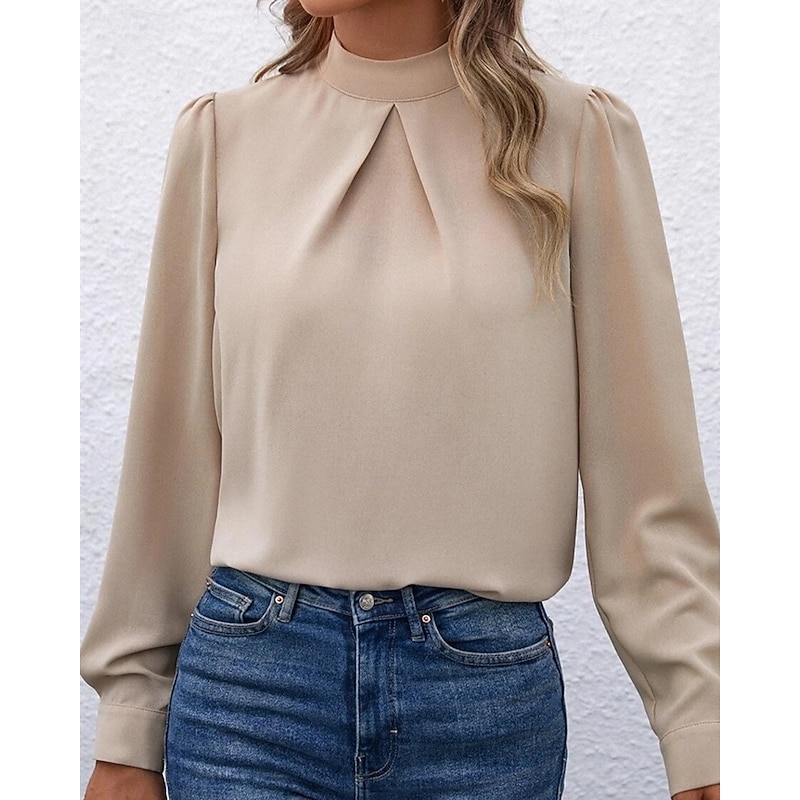 Women's Shirt Elegant Dressy Satin Solid Color Stylish Casual Long Sleeve High Neck Regular Tops Daily Going out Black Yellow Light Green Red Purple Spring Fall