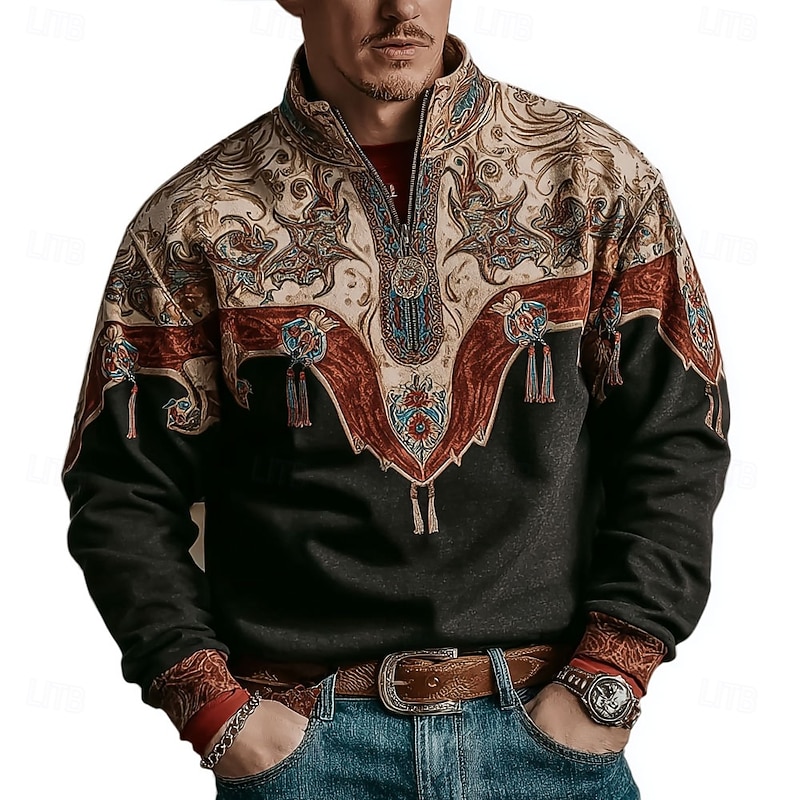 Men's Tribal Cowboy Sweatshirt Ethnic Vintage Retro Stand Collar Outdoor Work Gift Brown Khaki Zipper Fall Winter Designer