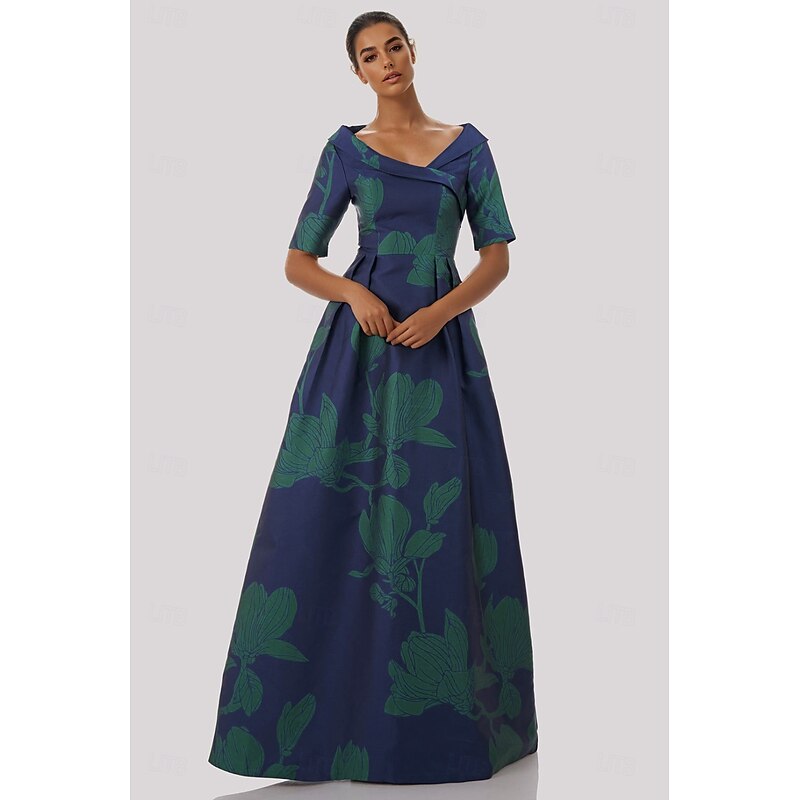 A-Line Evening Gown Elegant Dress Formal Wedding Floor Length Half Sleeve Shirt Collar Pocket Satin with Floral Print