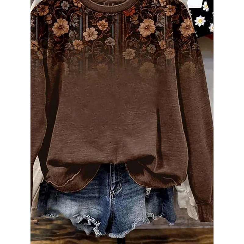 Women's Pullover Sweatshirt Floral Graphic Casual Long Sleeve Crew Neck Regular Tops Home Work Street Brown Fall Winter3