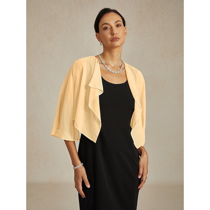 Women's Flowy Tops Chiffon Tops Solid Color Elegant 3/4 Length Sleeve Asymmetrical Crop Tops Wedding Guest Champagne Summer Spring Fall