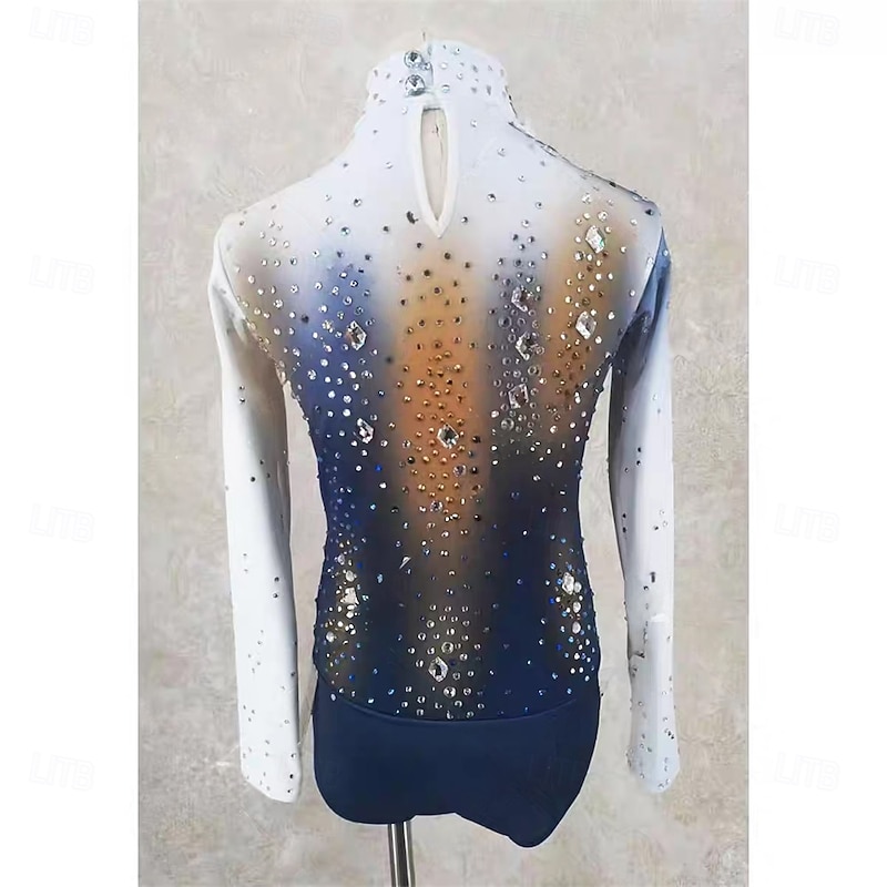 Figure Skating Top Men's Boys' Ice Skating Tops Blue White Patchwork Spandex High Elasticity Training Professional Competition Skating Wear Classic Crystal / Rhinestone Long Sleeve Ice Skating Figure4