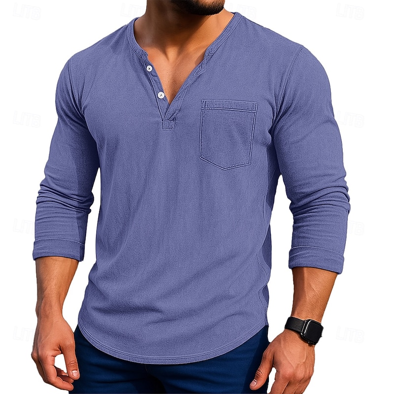 Men's Henley Shirt Long Sleeve Henley Spring Fall All Seasons Solid Color Retro Vintage Casual Pocket School Training Outdoor Blue Green Purple Top Tee for Men2