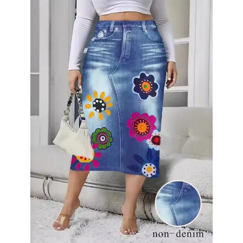 Women's Skirt Bodycon Fashion Casual Midi High Waist Skirts Graphic Floral Pocket Print Micro-elastic Street Daily Navy Blue Royal Blue Blue Sky Blue Spring Polyester Denim