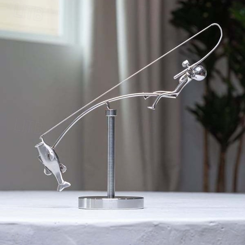 Kinetic Fishing Sculpture - Balance Art for Your Space Fisherman Kinetic Balancing Desk Toy Fishing Physics Sculpture for Home Office Art Deco Stainless Steel Balance Physics Toy4