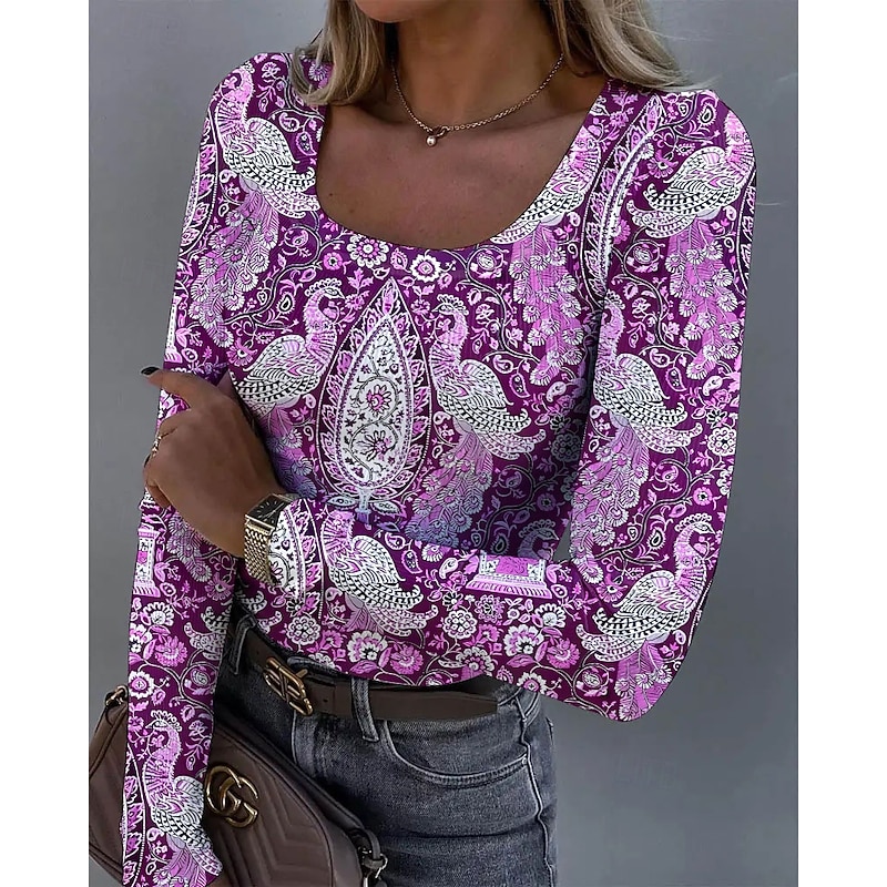 Women's Tunic Floral Graphic Bird Vintage Fashion Stylish Long Sleeve Square Neck Regular Tops Daily Print Blue Purple Orange Green Spring Fall4