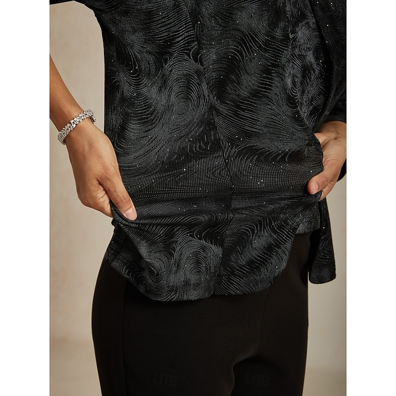 Women's Blouse Dressy Tops Elegant Stylish 3/4 Length Sleeve Mandarin Collar Regular Tops Wedding Guest Work Formal Wear Black Fall Winter3