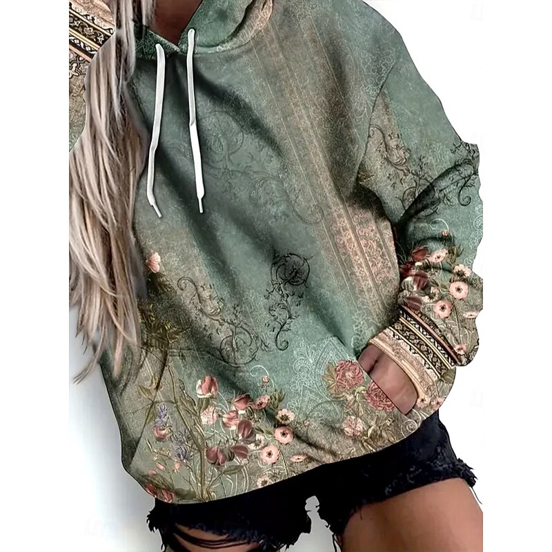 Women's Pullover Hoodie Sweatshirt Floral Graphic Geometric Warm Vintage Casual Long Sleeve Hooded Regular Tops Street Dailywear Casual Patchwork Print Front Pocket Grass Green Spring Fall Winter3